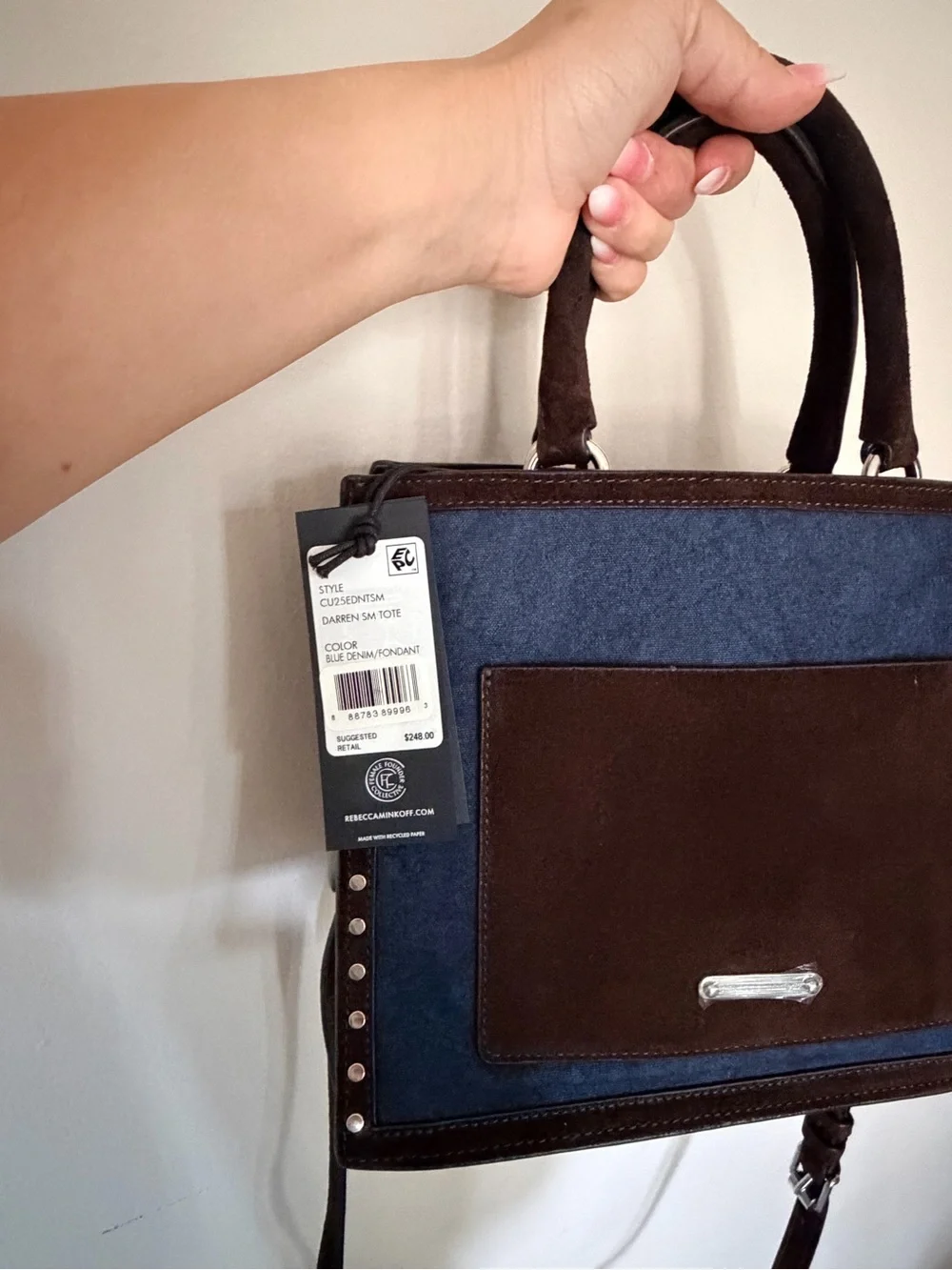 Rebecca Minkoff Navy Suede Satchel with Brown Trim